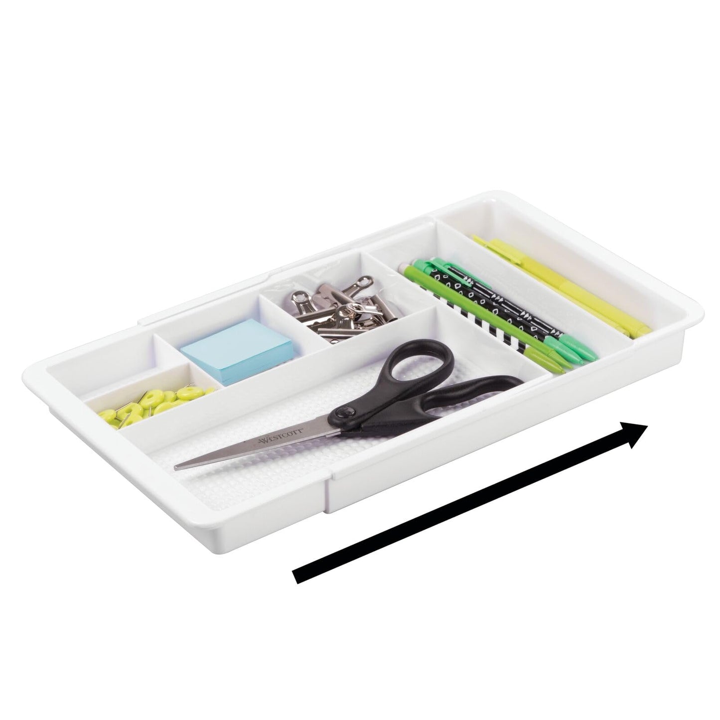 mDesign Expandable Plastic Drawer Organizer and Storage Container for Office Supplies - Gel Pen Pencil, Marker, Stationary, Desk Supply Holder for Drawers and Desktop - Lumiere Collection - White