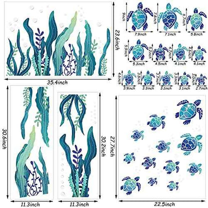 Sea Turtle Wall Decals 3D Ocean Grass Seaweed Stickers Under The Sea Wall Decals Decor Bubbles Peel and Stick Removable Vinyl Underwater Wall Sticker for Bathroom Bedroom Nursery Room Decoration