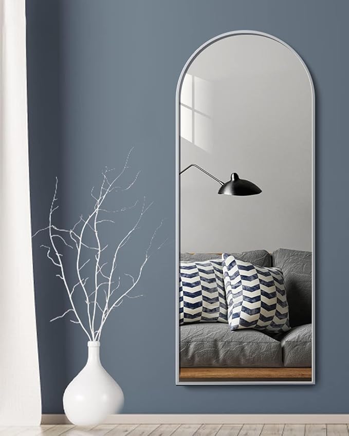 Full Length Mirror, 64"x21" Arched-Top Floor Mirror, Modern Full Body Mirrors with Stand, Wall Mirrors with Aluminum Alloy Frame for Bedroom,Living Room, White