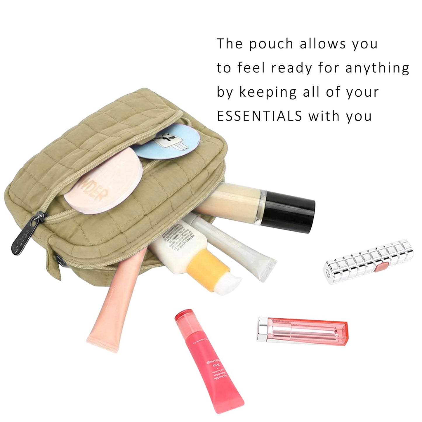 E-Tree Makeup Bag, Quilted Cosmetic Bag for Women, Puffer Make up Pouch for Purse,Travel Toiletry Organizer Case (Khaki)