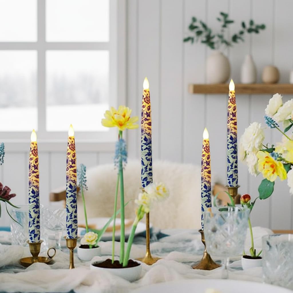 Blue and White Flameless Taper Candle 12 Pack Floral LED Magic Hanging Candle Battery Operated Floating Candles Floating Candles with Wand Remote Timer for Mother's Day Home Wedding Garden Party Decor