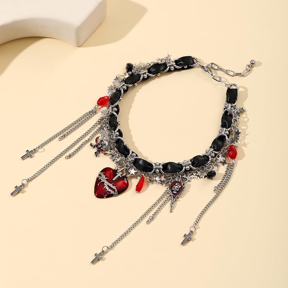 Thalireth Goth Vampire Heart Necklace Spooky Gothic Skeleton Cross Y2k Star Tassel Leather Choker Chunky Statement Necklace for Women Halloween