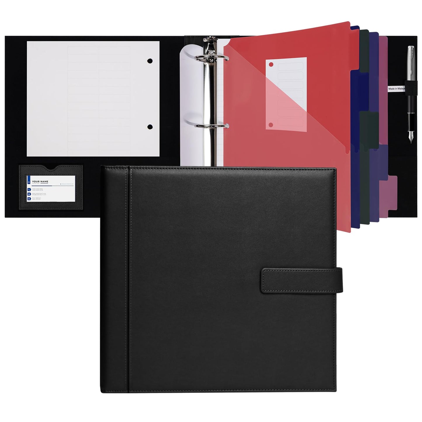 POPRUN PU Leather 1.5 Inch 3 Ring Binder, Professional Business Organizer- Includes PP Dividers, 100GSM / Grade AA Filler Papers, Card &Sticker for Tab- Ideal for Office Presentation Meetings, Black