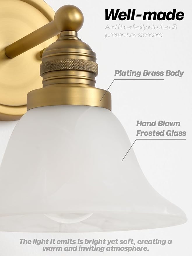 Gold Wall Sconces, Vintage Bathroom Vanity Lights with Frosted Milk Glass Brass Sconces Wall Lighting Indoor Wall Lamps for Living Room Bedroom Kitchen Sink Hallway Stairway E26
