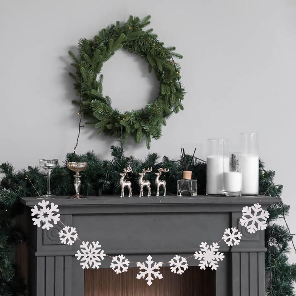 Wooden Christmas Snowflakes Ornaments, 9PCs White Snowflake Chain Hanging Ornament for Mantlepiece Window Front Door, Rustic Snowflake Embellishments Christmas Tree Decorations (white)