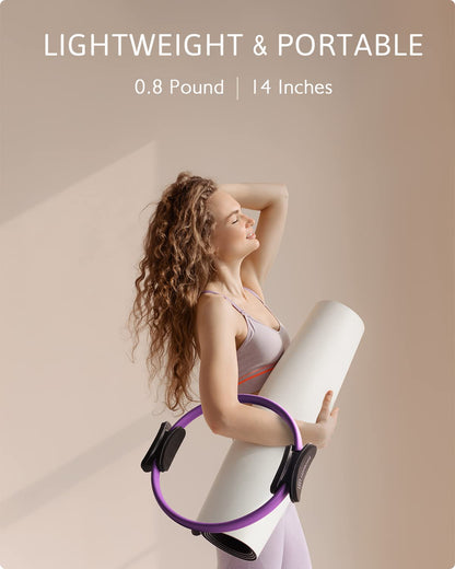 LIONSCOOL Pilates Ring Set (Purple) - 14" Anti-Deformation Magic Circle with Padded Handles, 9" Mini Ball, Elastic Latex Resistance Bands, Guide & Bag