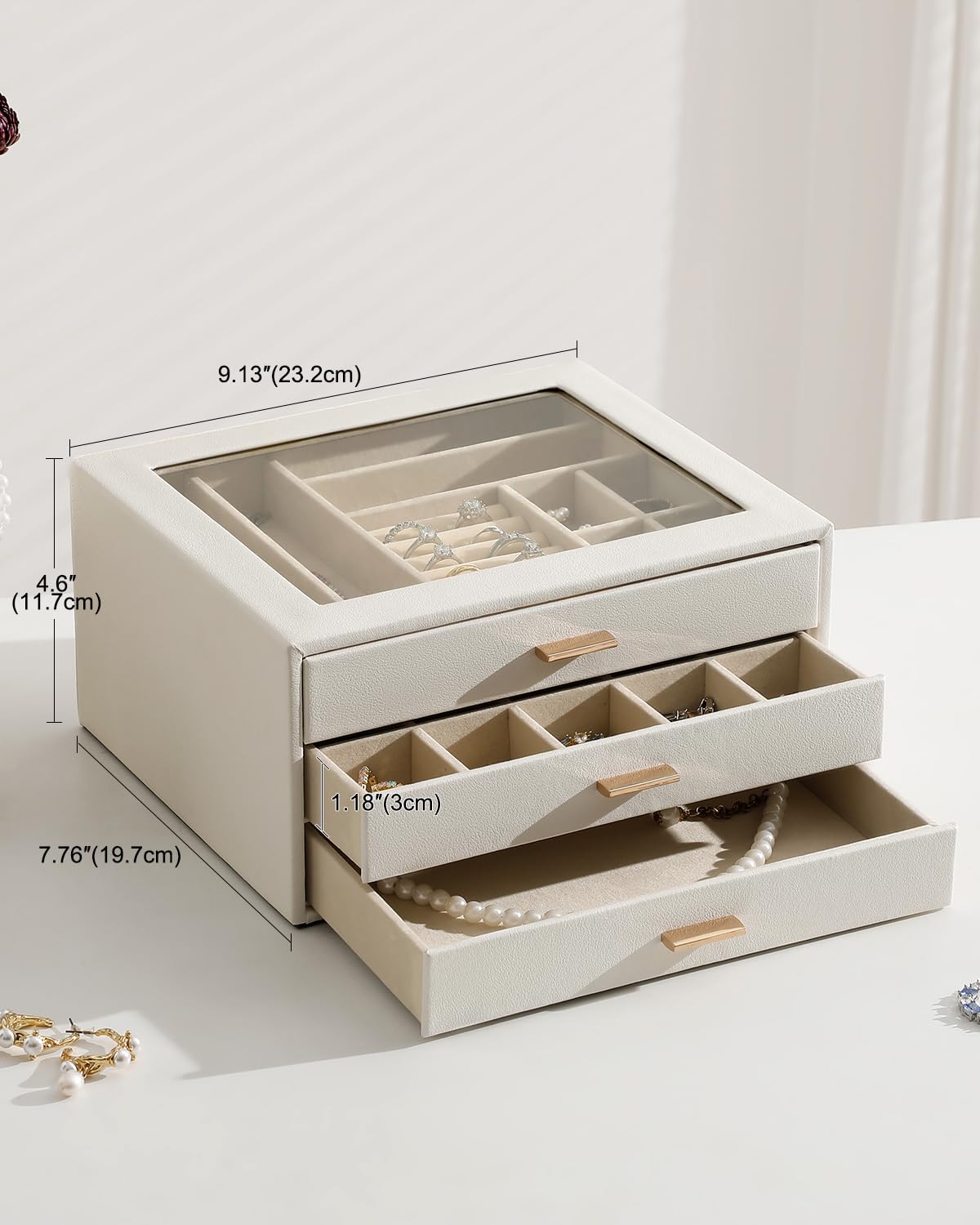 GLOBAL KA Jewelry Box with Glass Lid,3-Layer Jewelry Boxes for Women,PU Leather Jewelry Organizer with 20-Grid Earring Drawer & Movable Dividers for Necklaces Rings - Cloud White
