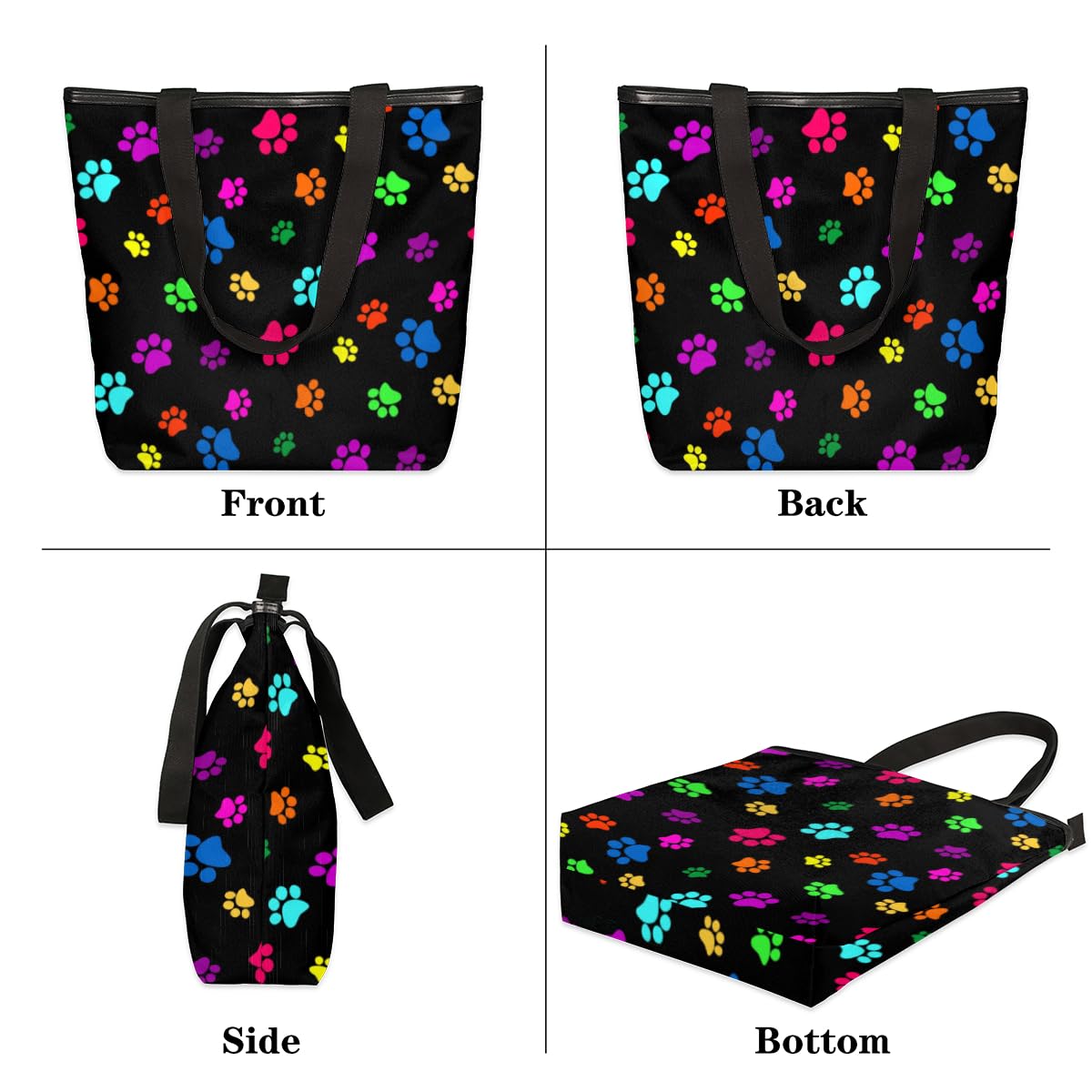 KOBLEN Dog Paw Print Canvas Tote Bag Reusable Grocery Shopping Bags for Women Beach Travel Storage Handbag with Zipper Portable Shoulder Bag