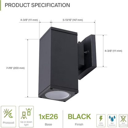 ASD 1 Light Dusk to Dawn Outdoor Wall Light Fixture | 60W E26 Socket 120V ETL Cylinder Up Down Lights | LED/CFL/Incandescent Bulb Exterior Wall Sconce | Front Door, Porch, Patio | Black