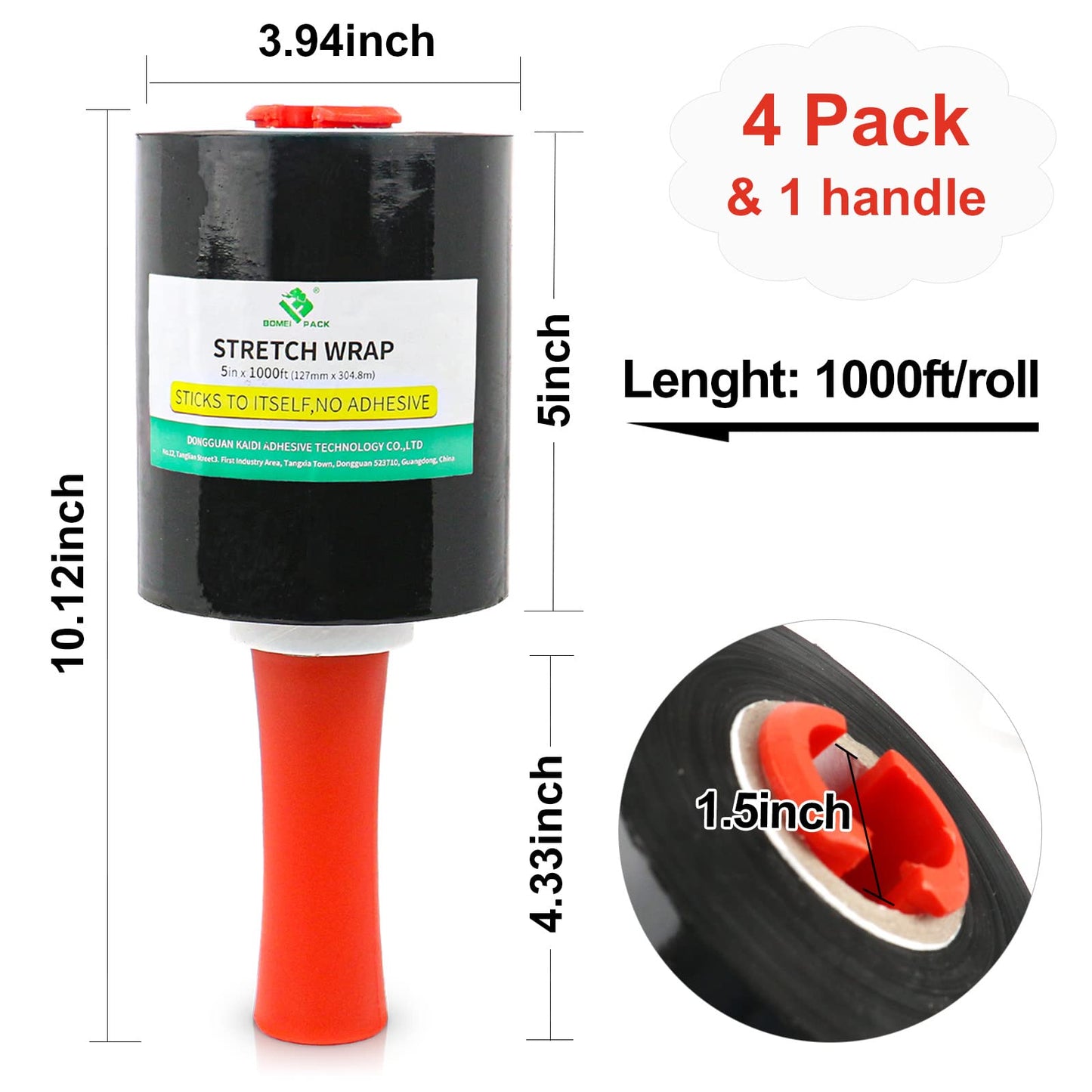 BOMEI PACK Mini Black Industrial Stretch Wrap Film 5" x 1000ft Roll with Handle, 80 Gauge Thick Cling Plastic Wrap for Moving, Pallet Wrap - Self Adhering Packaging Heavy Duty Shrink Film, 4 Pack