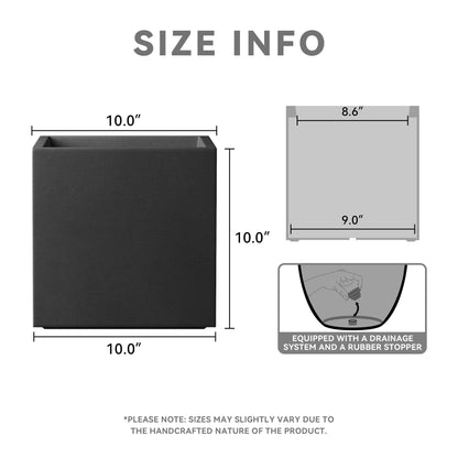 Kante 10 Inch Square Concrete Planter for Outdoor Indoor Home Patio Garden, Large Plant Pot with Drainage Hole and Rubber Plug, Black