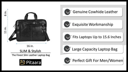 Pitaara Genuine Leather Messenger Laptop Bag For Men And Women, Black Briefcase, Fits Laptop Size 16", Unisex