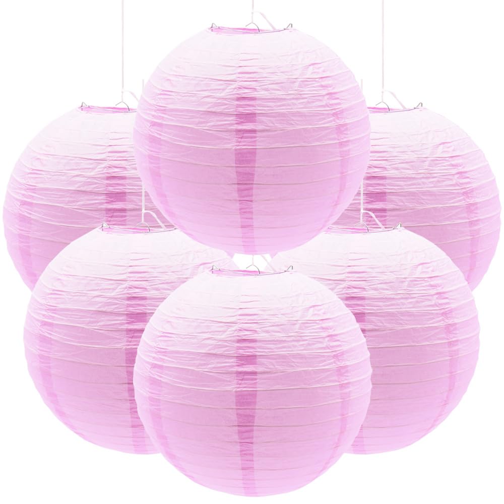 Ruidee 6Pcs Paper Lanterns Decorative Round Hanging Paper Lanterns for Birthday, Wedding, Christmas Xmas, Bridal, Home Decor, Party Decoration（12in/Pink）