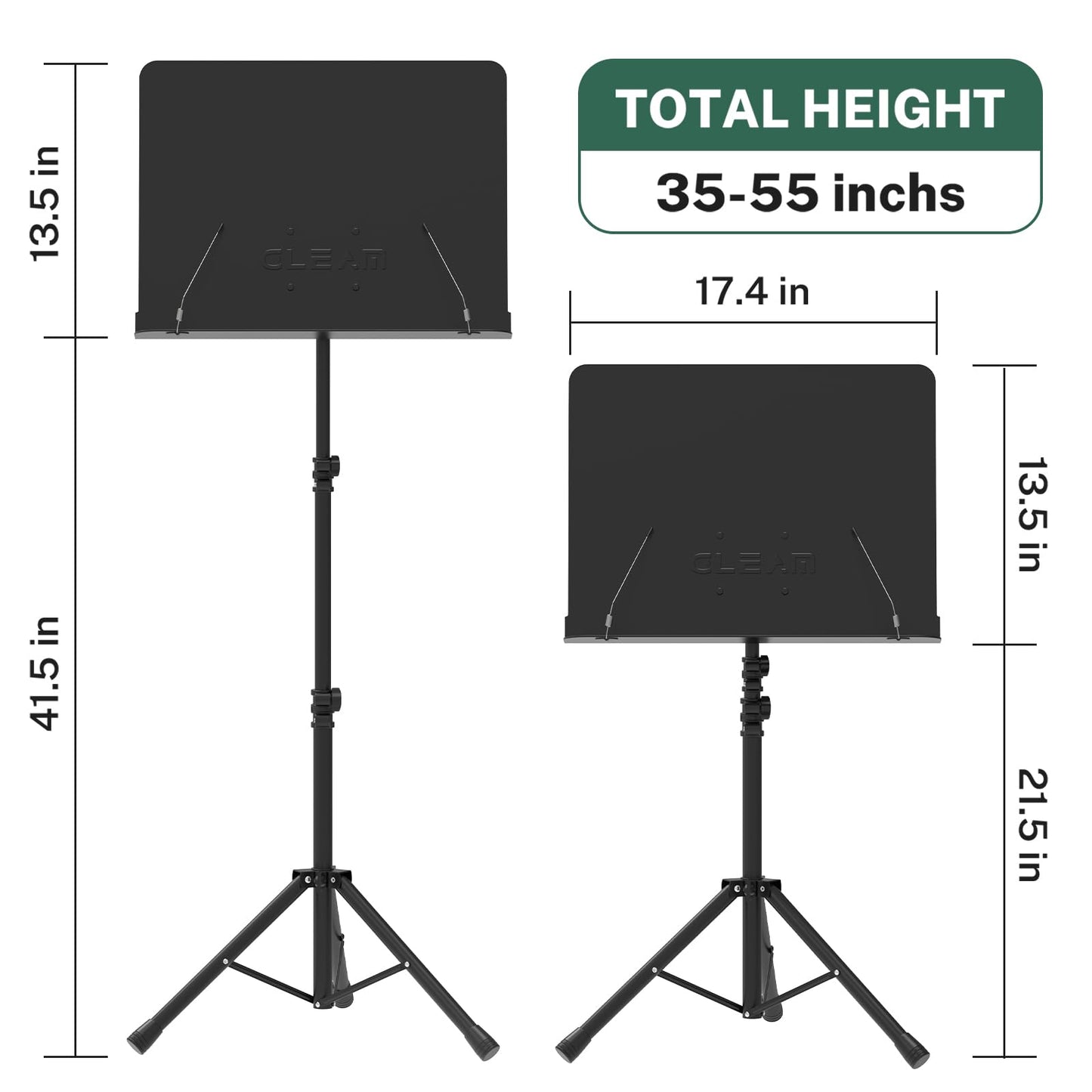 GLEAM Sheet Music Stand - Full Metal with Carrying Bag, Phone Holder, Sheet Music Folder and Clip, 5 in 1 Desktop Book Stand - Black