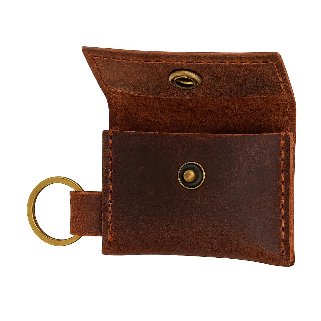 PavinCrafter Leather Coin/Ring Holder Keychain – Mini Pouch with Key Ring, Handmade Small EDC Wallet for Coins, Jewelry, Rings & Keys – Dark Brown