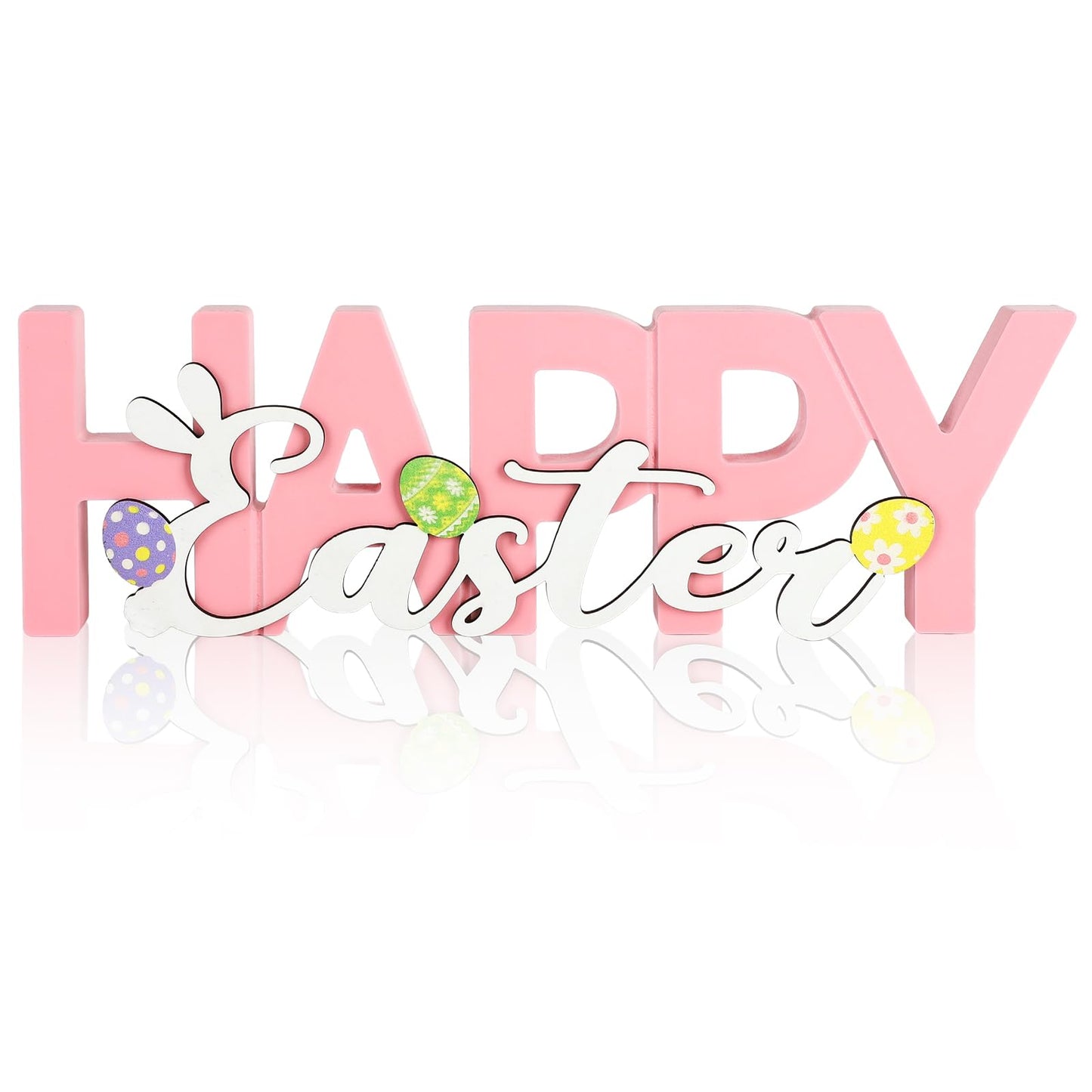 COCHIE Wooden Happy Easter Sign, Spring Decorations for Home, Office, Shelf, Mantel, Indoor, Wood Bunny Ear Egg Decor, Pink Spring Table Top Party Supplies Decoration (Easter)