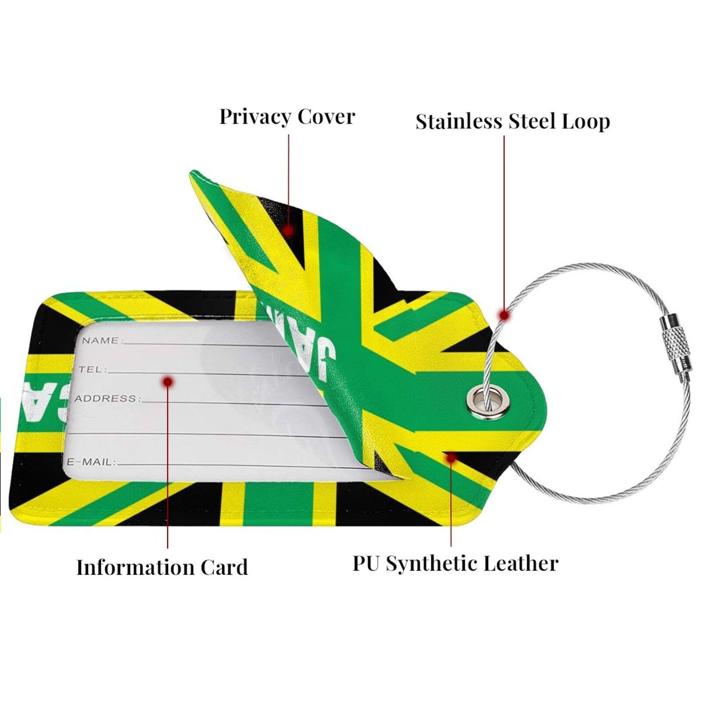 Jamaican Kingdom Flag 2 Pack Luggage Tags, Unique Leather Suitcase Tags Identifiers with Privacy Name Address Labels & Durable Steel Loop
