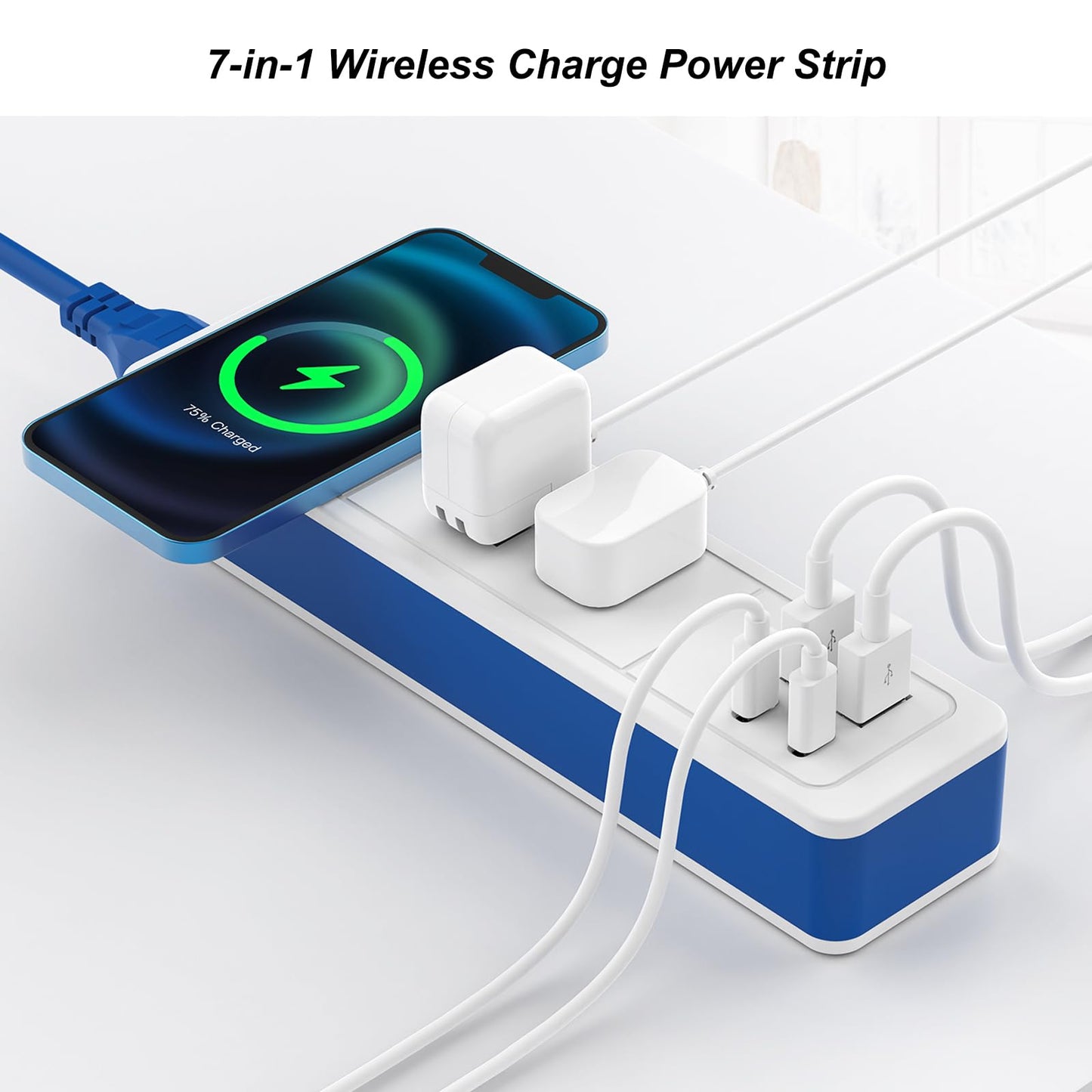 7-in-1 Wireless Fast Charge Power Strip with USB C, 2 USB-C Ports,2 AC Outlet,2 USB-A, Fast Charging Station for Nightstand Desktop Office Dorm,6 ft Ddetachable Extension Cord (Blue, 6 FT)