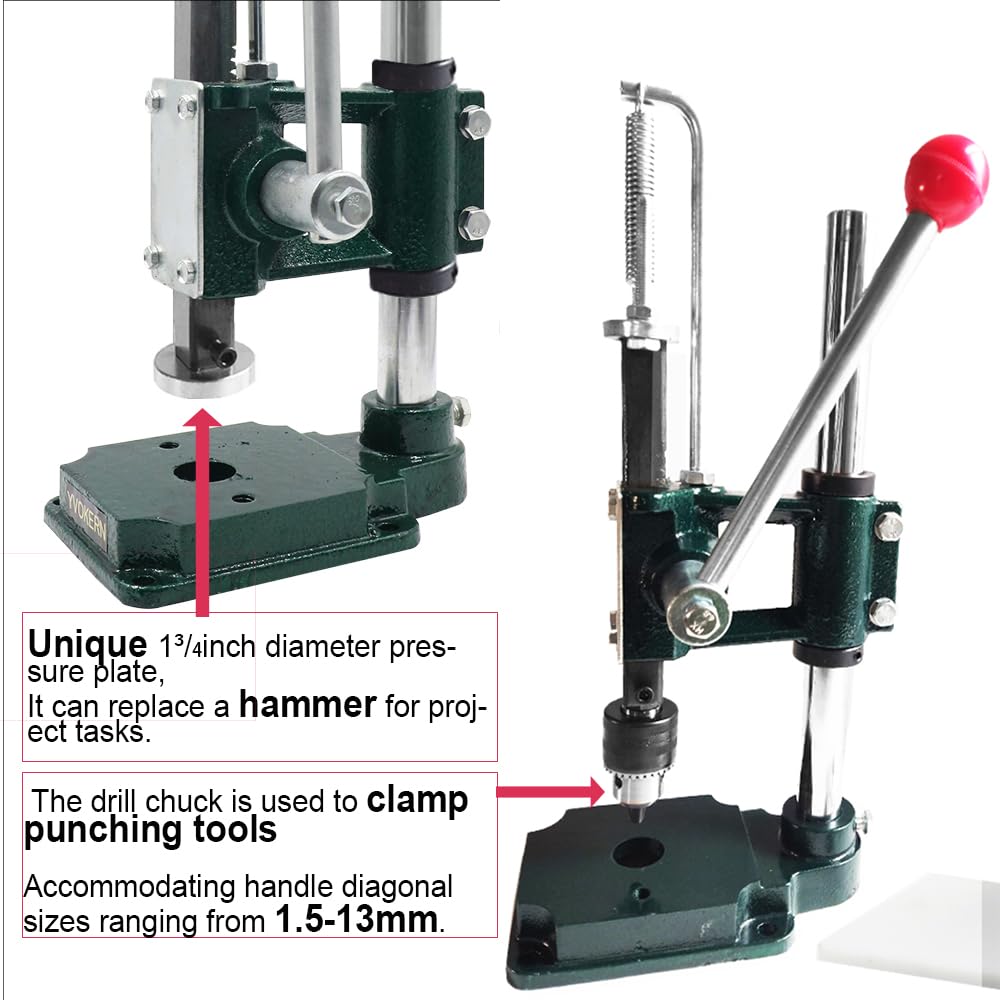 Multi-Function Hand Press and Hole Punch Machine for Stamping Leather Stitching Holes with 1.5-13MM Chuck and 4.4cm Press Plate Get Your Craft Work Slient (YVK-16S-PP-CK1)