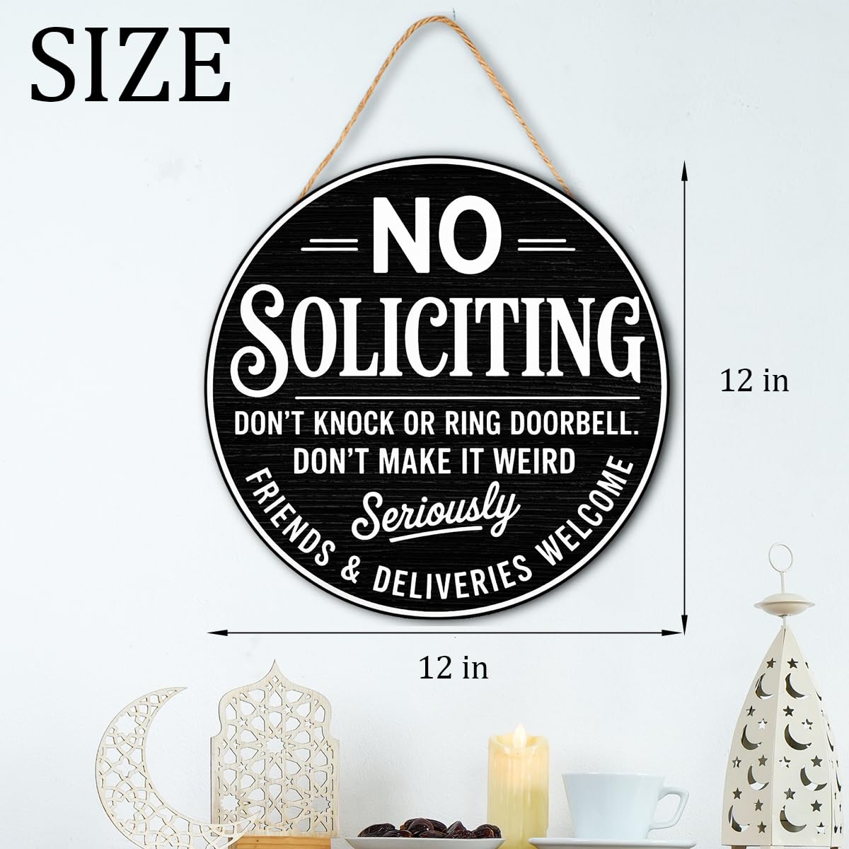 No Soliciting Wood Hanging Sign for House Front Door, Don't Knock or Ring Doorbell House Welcome Sign