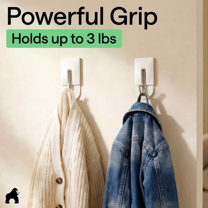 GORILLA GRIP Adhesive Hooks for Hanging, Heavy Duty Self Adhesive Wall Hooks, Damage-Free Removable Metal Hook, No Tools Required, Wall Hanger for Kitchen Bathroom Towel Coat Keys Purse, 5 Pack