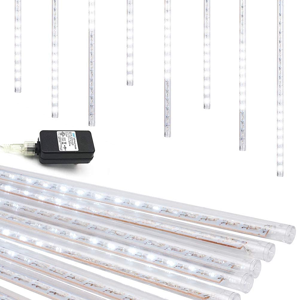 Weepong Christmas Lights Outdoor UL Certified Meteor Shower Lights 12 Inch 8 Tubes 192 LED Falling Rain Drop Icicle Snow Cascading Light for Xmas Tree Wedding Party Garden Decoration, White