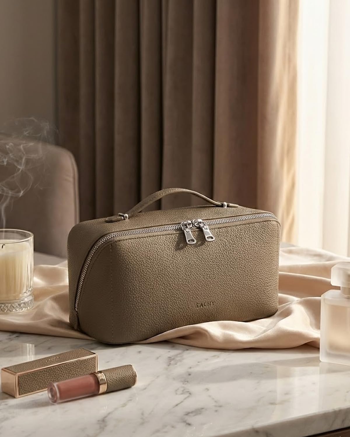 EACHY Travel Makeup Bag, Lychee Leather Large Capacity Cosmetic Bag for Women, Open Flat Toiletry Bag with TPU Brush Compartment, Waterproof Skincare Organizer Travel Essentials