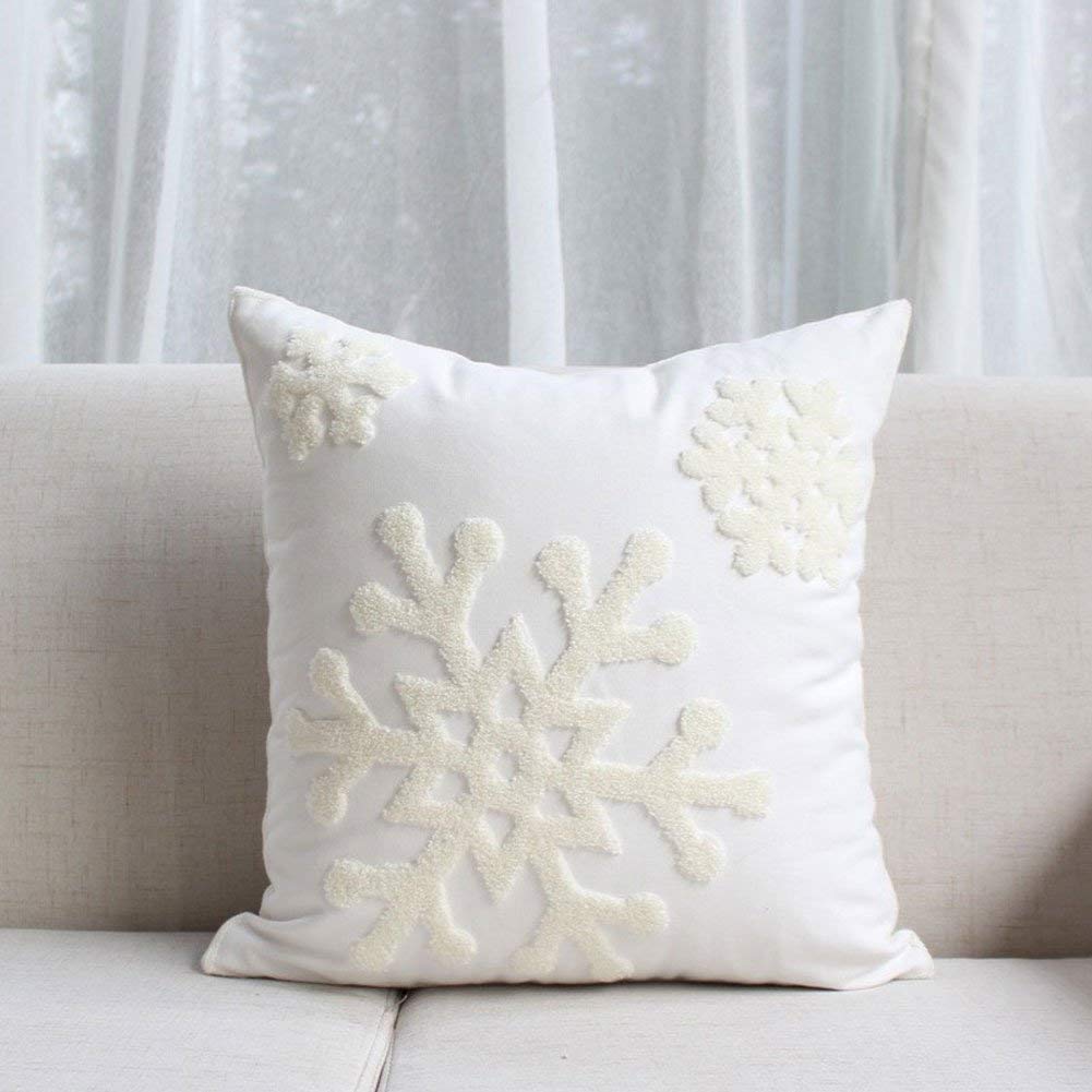 Elife 18x18 Soft Canvas Christmas Winter Snowflake Style Cotton Linen Embroidery Throw Pillows Covers w/Invisible Zipper for Bed Sofa Cushion Pillowcases for Kids Bedding (1 Pair, White)