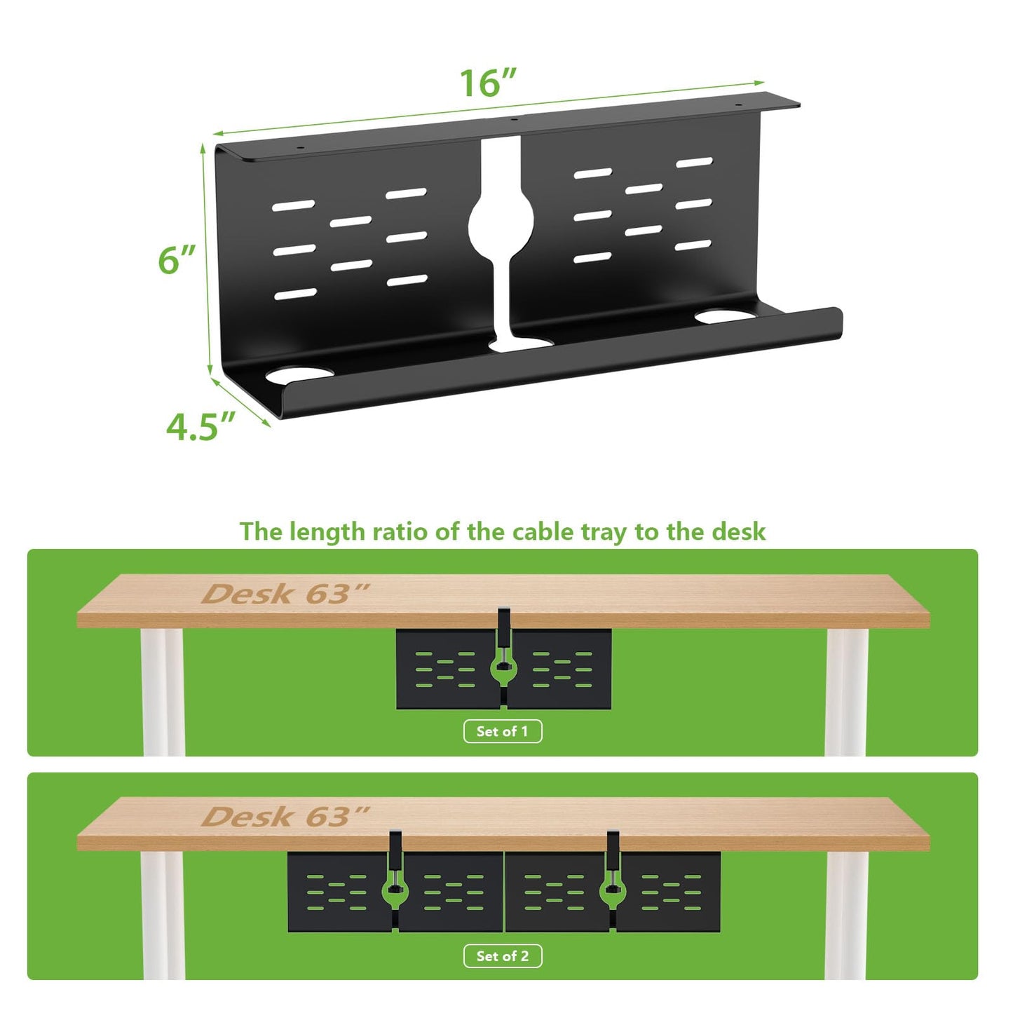KEEGH 16" Under Desk Cable Management Tray, 2 Pack Desk Cord Organizer Upgrade Capacity, No Drill Clamp/Screws Mount, Cord Management Tray for Home Office, Gaming Desk, Standing Desk, Black