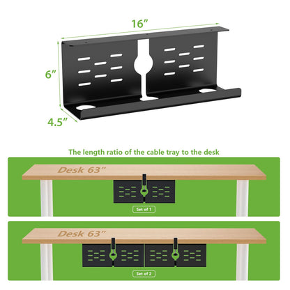 KEEGH 16" Under Desk Cable Management Tray, 2 Pack Desk Cord Organizer Upgrade Capacity, No Drill Clamp/Screws Mount, Cord Management Tray for Home Office, Gaming Desk, Standing Desk, Black