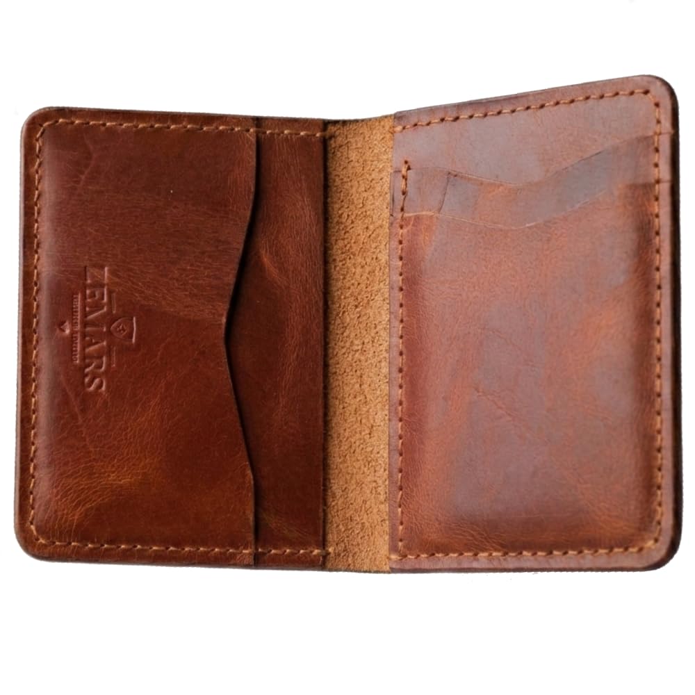 ZEMARS Slim Wallet for Men, Crazy Leather Minimalist Bifold Wallet, Scratch-Resistant Front Pocket Card Holder with Cash Slot, Compact Small Wallet (Tan)
