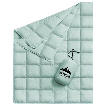zzlamb Puffy Duck Down Camping Blanket Pale Green, Warm Outdoor Travel Blanket Indoor Down Throw 650 Fill Power, Lightweight & Portable for Couch Backpacking Stadium Airplane Picnic RV Beach, 50x77in