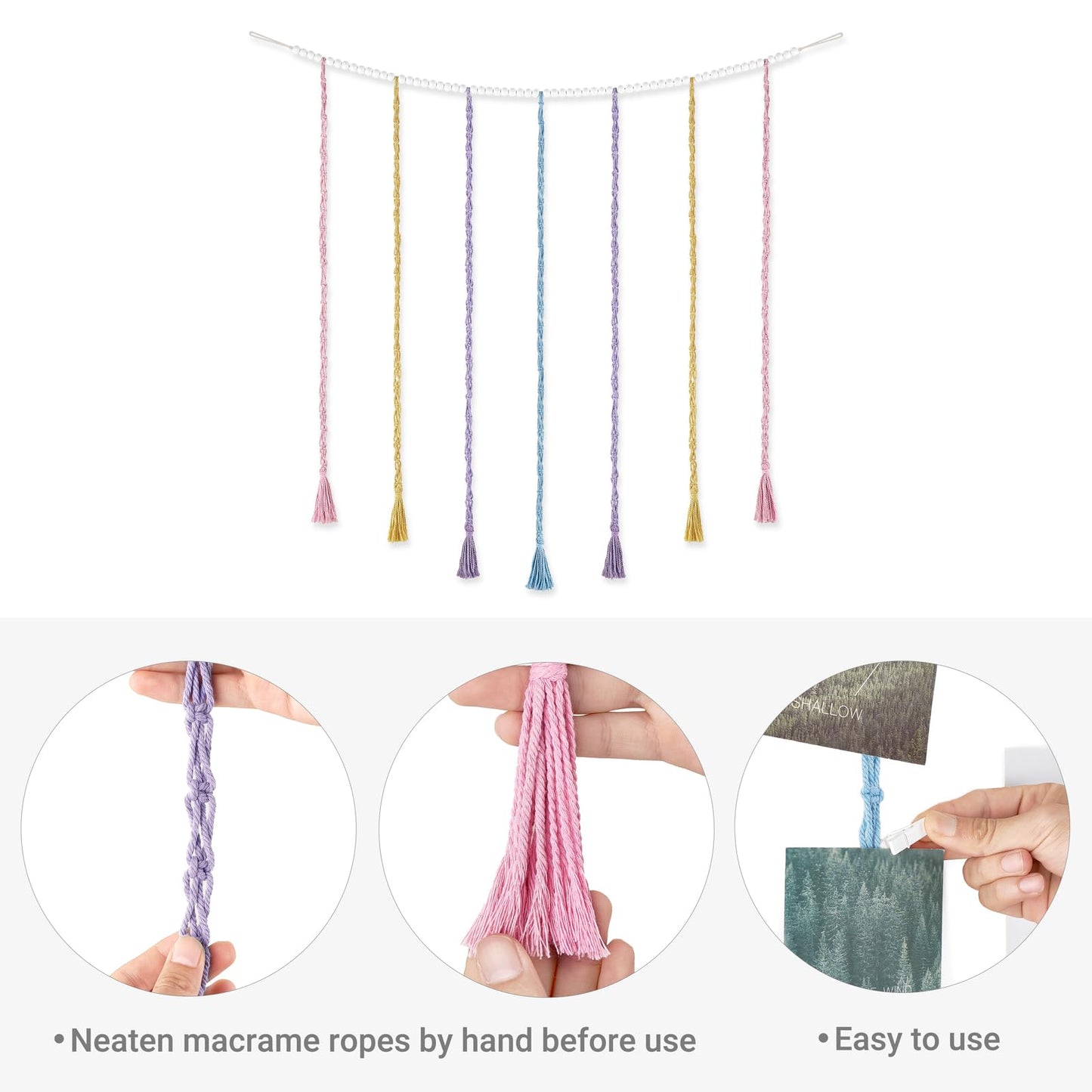 Mkono Macrame Hanging Photo Display Wall Decor with String Lights, Boho Wooden Beads Garland Collage Picture Card Frame Holder with 45 Clips for Bedroom Living Room Dorm, Teen Girls Gifts