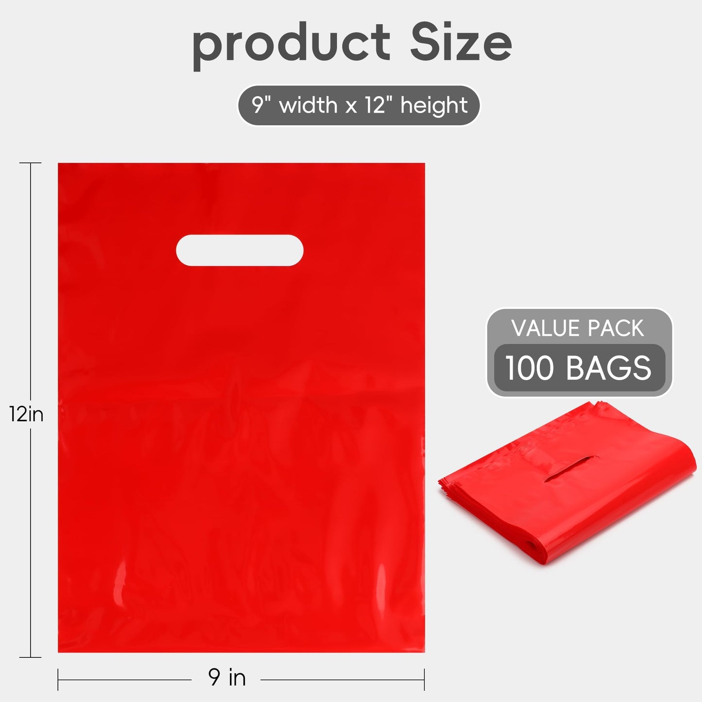 POPGIFTU Red Plastic Gift Bags with Handles 100 Pack, 9x12 Party Favor Bags Bulk for Holidays, Retail Shopping Bags, Small Business Packaging Supplies