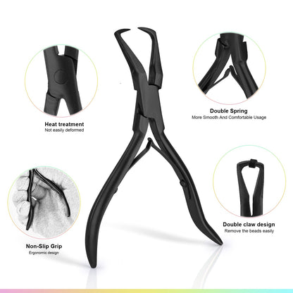 EHDIS Hair Extension Beading Tool Kit Stainless Steel Hair Extensions Micro link Bead Closer and Remover Pliers set, Beads Hair Pulling Hook & Micro Ring Loop Tool Set (Black)