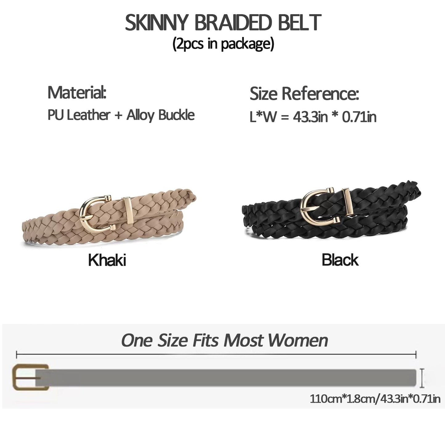 iRIIRIO 2pcs Skinny Braided Belts for Women Girls Thin Classic PU Leather Woven Waist Belt Strap for Jeans Pants Dress (Black+Khaki)
