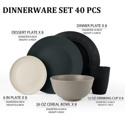 Wheat Straw Dinnerware Set 40-Piece Service for 8 Unbreakable Dishes Set Plates and Bowls Sets Drinking Glasses Microwave Safe Dish Set Lightweight Dinnerware Set for Home & Kitchen - Yellow