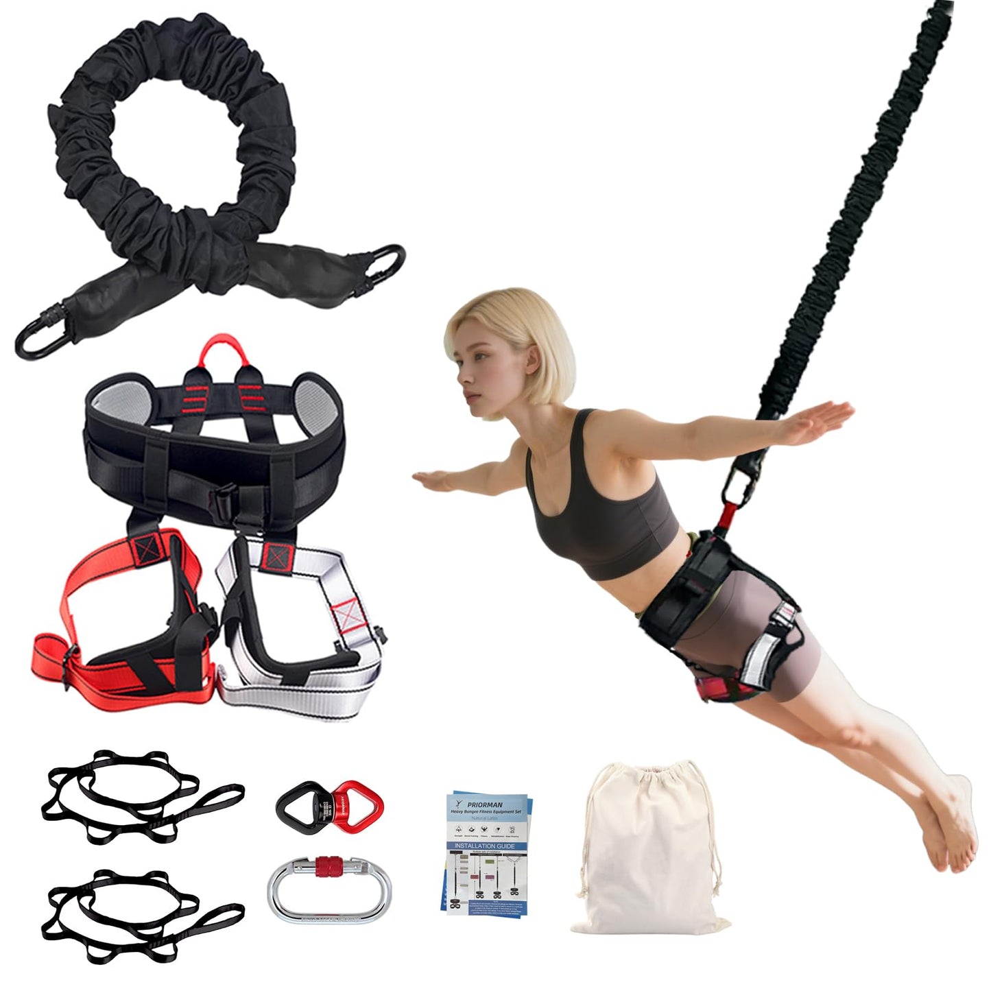 PRIORMAN Professional Bungee Dance Fitness Kit, 6 Sizes, CE Certified Complete Harness Set with Resistance Band & Hanging Hardware for Suspension Training Home & Studio(M)