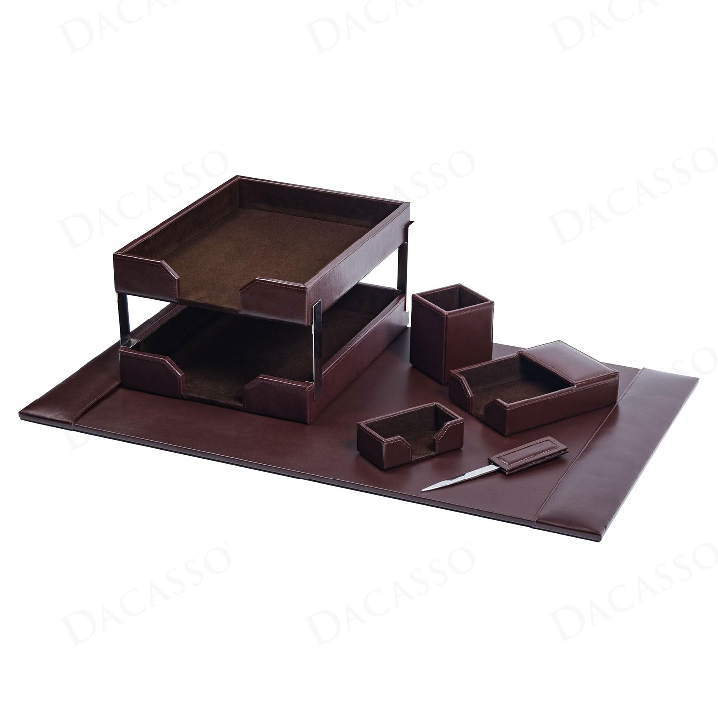 Dacasso Dark Brown Bonded Leather 8-Piece Desk Accessory Set - Organization Essentials & Executive Decor - Luxury Leather Blotter for Office Organization