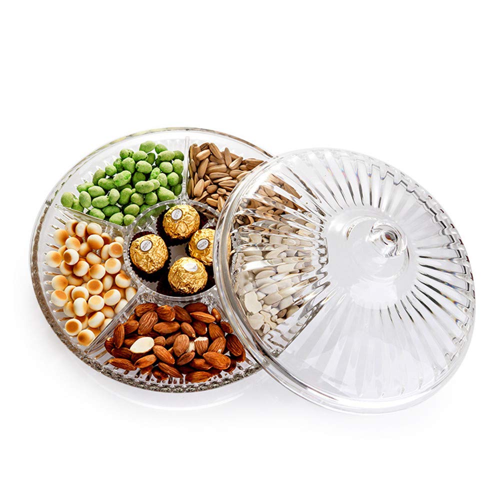 FEOOWV Creative Acrylic Multifunctional Party Snack Tray with Lid,Serving Dishes for Dried Fruits Nuts Candies Fruits,6-Compartment (Round)