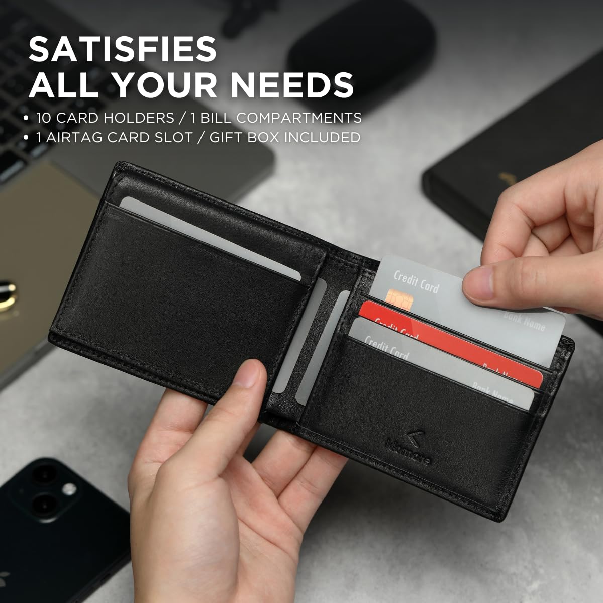 KLOMORE AirTag Chain Wallets for Men (Airtag Not Included), Sleek and Slim, RFID Blocking Genuine Leather Bifold Mens Wallet Includes ID Window Credit Card Holder with Sturdy Chain