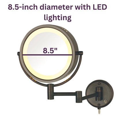 JERDON Wall-Mounted Makeup Mirror with LED Lighting - Direct Wire Lighted Makeup Mirror with 8X Magnification & Nickel Finish Wall Mount - Model HL75ND