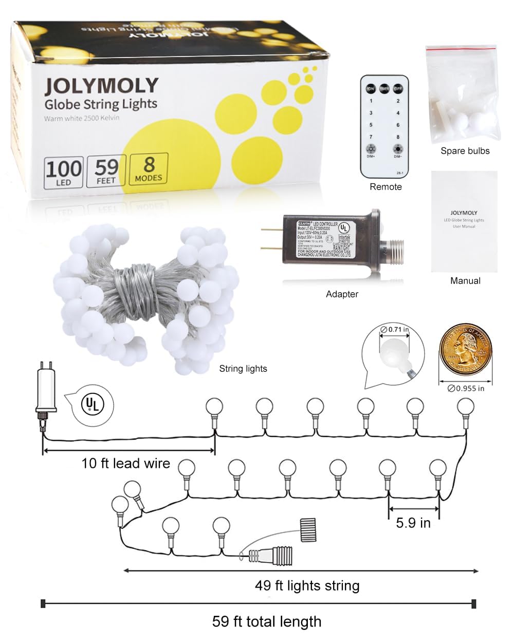 JOLYMOLY Globe String Lights 59 Ft 100 LED Fairy Lights Plug in with Remote Timer, Connectable Small Frosted Globe Christmas Lights for Bedroom Wedding Xmas Tree Indoor Outdoor Decor, Cool White