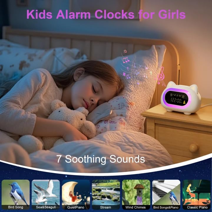 Honesorn Alarm Clock for Kids, Ok to Wake Clock for Kids, Cute Cat Kids Alarm Clock for Girls Boys Toddler, Kids Clock with 10 Night Lights, 7 Soothing Sounds, Auto-Off Timer, Child Lock, Cream White
