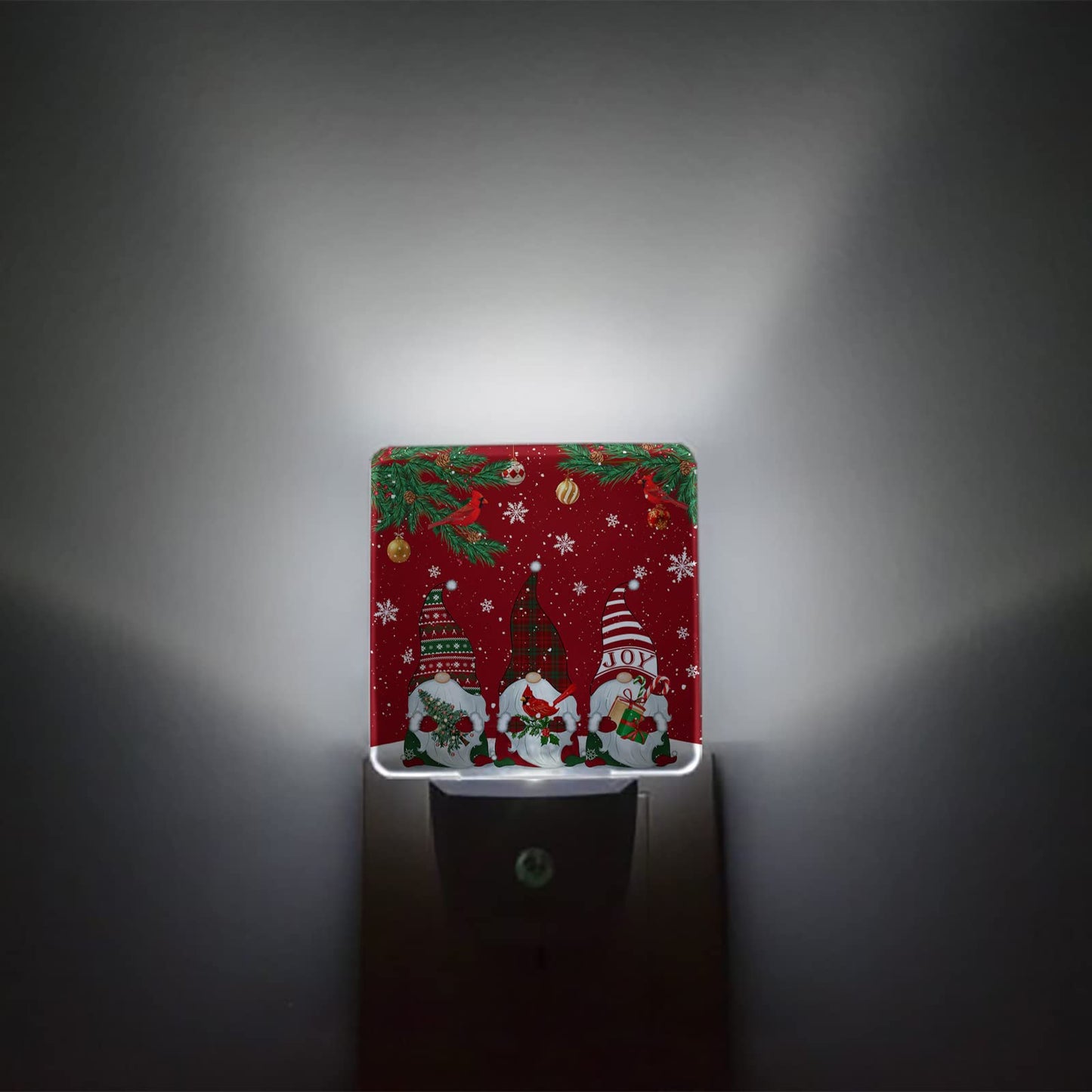 Red Christmas Gnome Cardinals Snowflake Plug-in LED Night Lights Merry Xmas Auto Dusk-to-Dawn Sensor for Bedroom, Bathroom, Kitchen, Nursery, Hallway, Stairs, Wall Home Decor