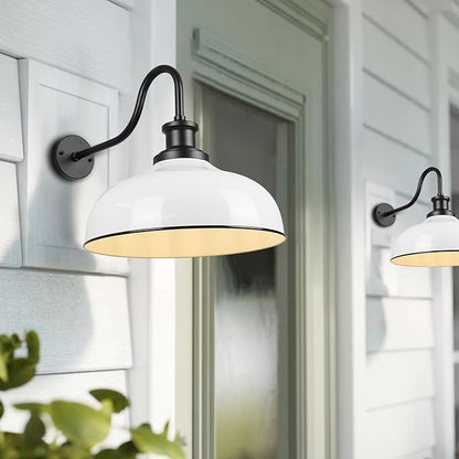Outdoor Gooseneck Barn Light,14 Inch Dome Outdoor Wall Sconce Farmhouse Exterior Wall Mount Light Vintage Wall Lighting Fixture Industrial Wall Lantern for Porch, Entryway, Garage, RZ007M WH