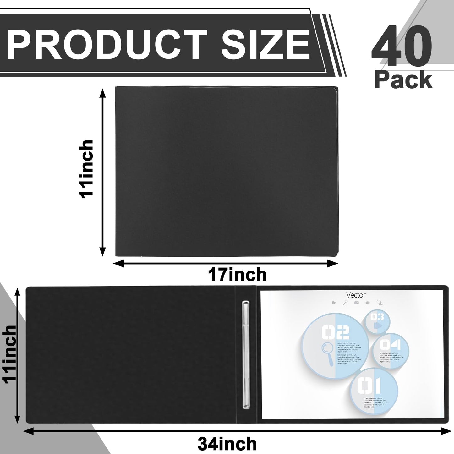 gisgfim 40 Pcs 11'' x 17'' Pressboard Report Cover 3" Capacity Metal Prong Paper Fastener with Compressor Presentation Binder Folder to Neatly Bind Reports Proposals Transcripts Document(Black)