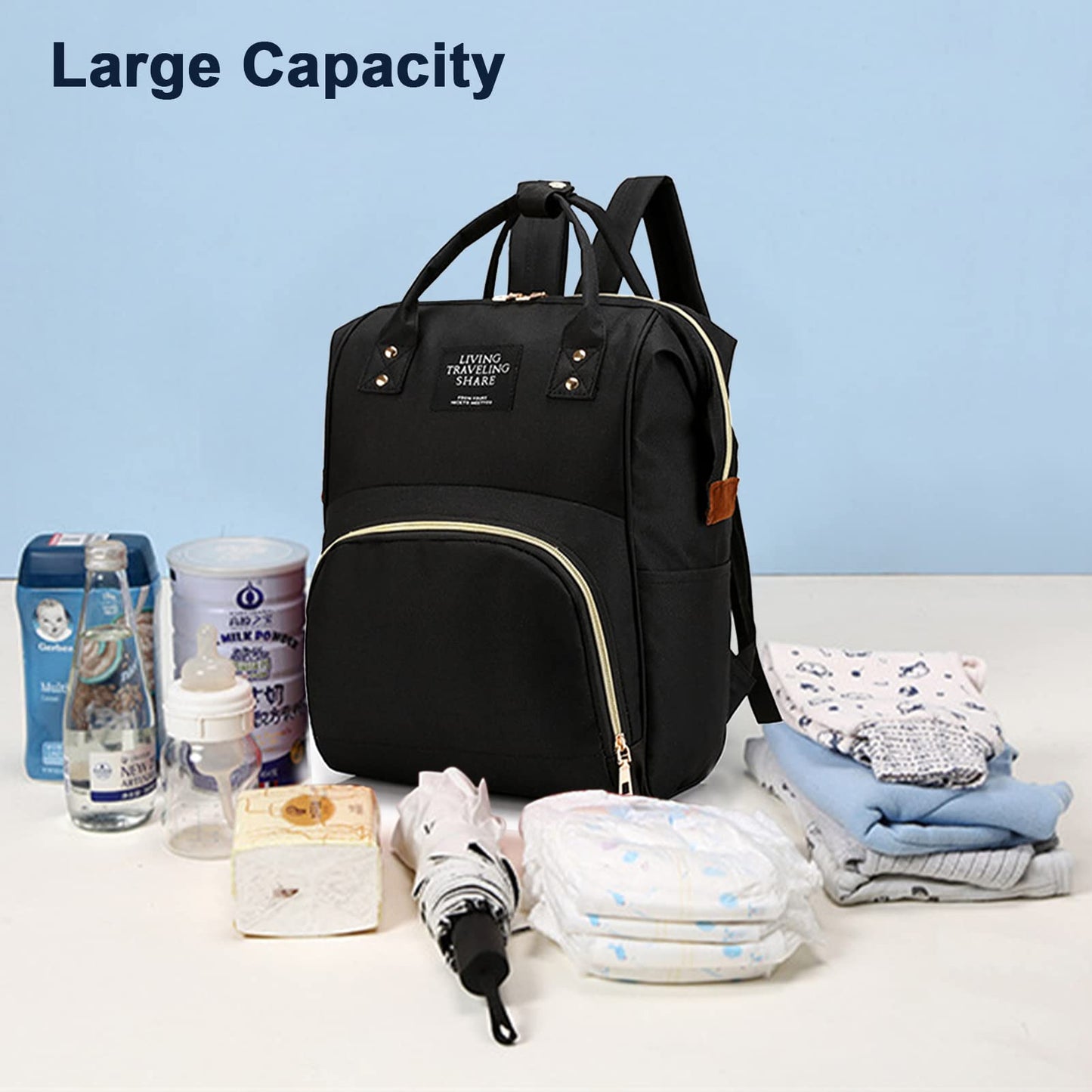 Timberer Diaper Bag with Organizing Pouches, Nappy Bags Handbag Multifunction Diaper Bag for Baby Care Travel Backpack Large Capacity Black