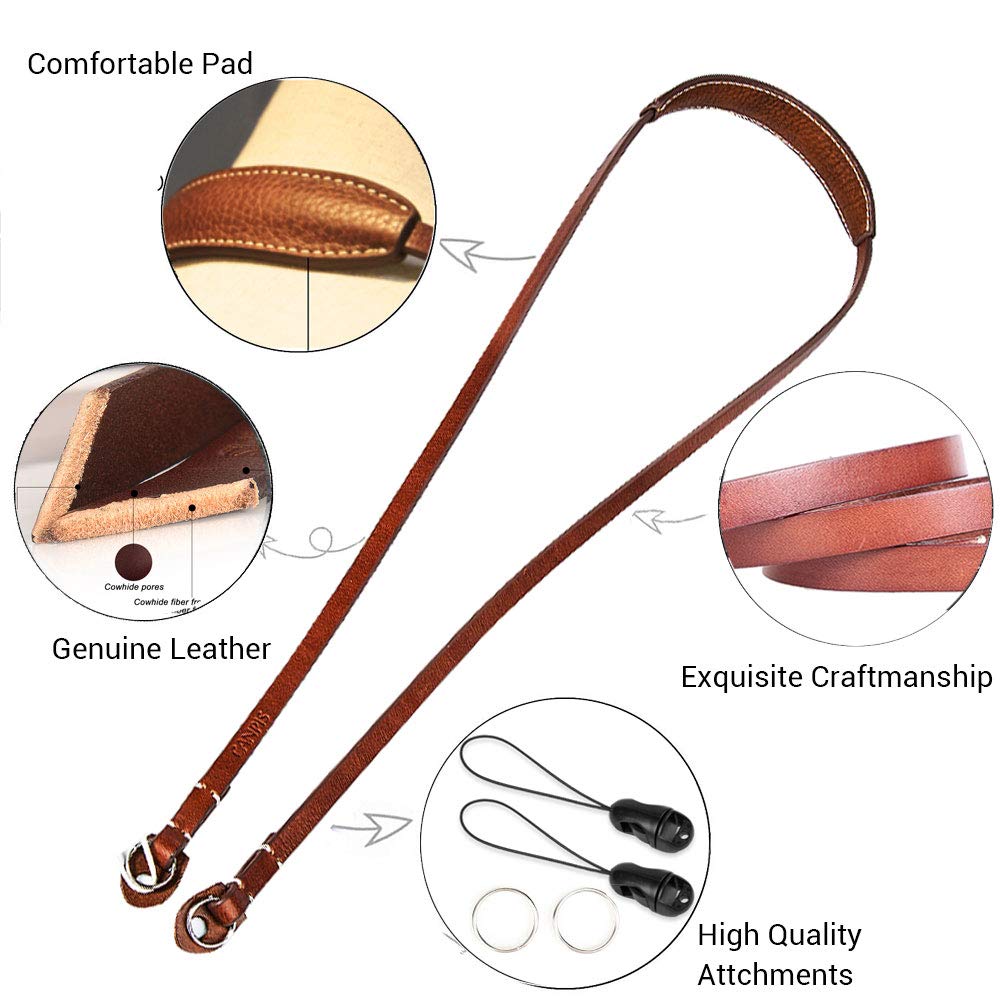 CANPIS CP005 Leather Camera Neck Shoulder Strap with Pad, Mirrorless Camera Strap Compatible with Sony Leica Nikon Fujifilm Olympus Panasonic (Color: Brown, Length 108cm)