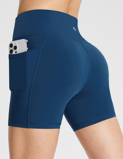 baleaf Womens Spandex Shorts 5" High Waisted Biker Workout Lycra Compression Shorts with Pockets Blue M